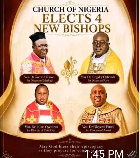THE CHURCH OF NIGERIA(ANGLICAN COMMUNION)ELECTS FOUR NEW BISHOPS.